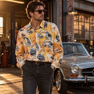 Vintage 90s Le Frog Shirt L Crazy Print Cars Guns Saxophone All Over Graphic